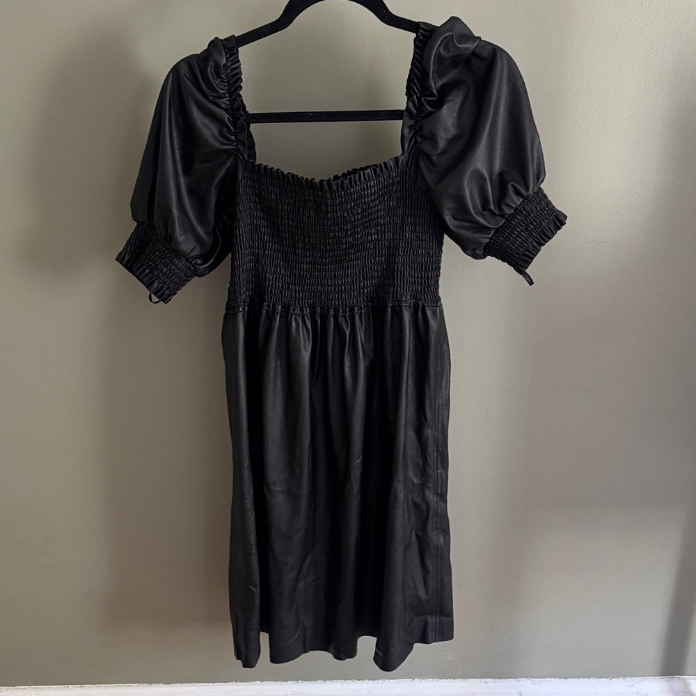 7 For all Mankind Black Leather Puff Sleeve Smocked Dress